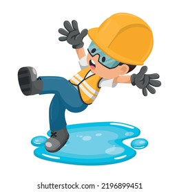 Industrial construction worker slipping on a puddle of water. Industrial safety and occupational health at work