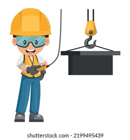 Industrial construction worker using an overhead crane to move a piece of metal. Worker with his personal protective equipment. Industrial safety and occupational health at work