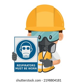 Industrial construction worker with a warning sign for the mandatory use of respirators. Respirators must be worn. Industrial safety and occupational health at work