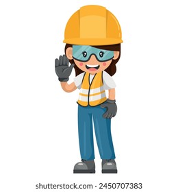 Industrial construction worker woman with his personal protective equipment saluting. Express an idea in a presentation. Safety first. Industrial safety and occupational health at work
