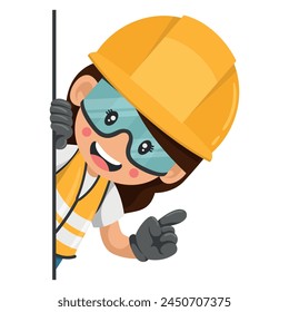 Industrial construction worker woman peeking out from behind a wall pointing finger. Express an idea and indicate it with the index finger. Industrial safety and occupational health at work
