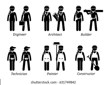 Industrial and Constructions Jobs, Works, and Occupations for Women. Artworks depict female engineer, woman architect, builder, girl technician, lady painter, and female constructor.