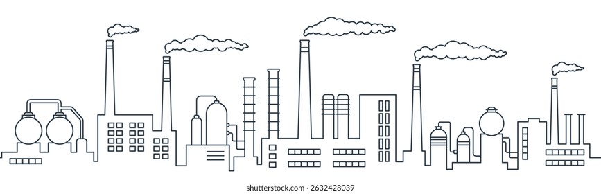 Industrial contour factory landscape. Pipes with smoke. Oil refinery.  Seamless horizontal pattern