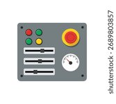 Industrial control panel with colorful buttons, adjustable sliders, and a pressure dial for machinery operation