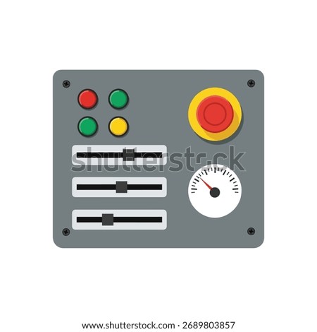 Industrial control panel with colorful buttons, adjustable sliders, and a pressure dial for machinery operation
