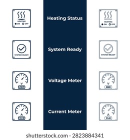 Industrial control panel and electrical measurement vector icon set featuring heating status, system ready indicator, voltage meter, and current ammeter display.
