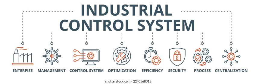 Industrial control system banner web icon vector illustration concept with icon of enterprise, management, control system, optimization, efficiency, security, process, centralization