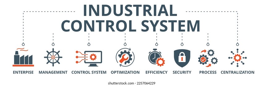 Banner del sistema de control industrial icono web ilustración vectorial con icono de empresa, gestión, sistema de control, optimización, eficiencia, seguridad, proceso, centralización