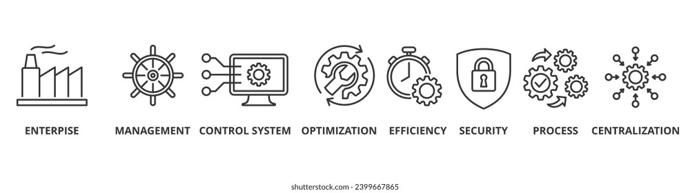 Industrial control system banner web icon vector illustration concept with icon of enterprise, management, control system, optimization, efficiency, security, process, centralization