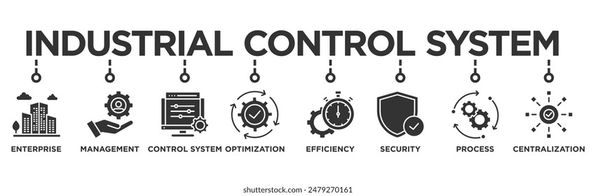 Industrial control system banner web icon illustration concept with icon of enterprise, management, control system, optimization, efficiency, security, process, centralization	