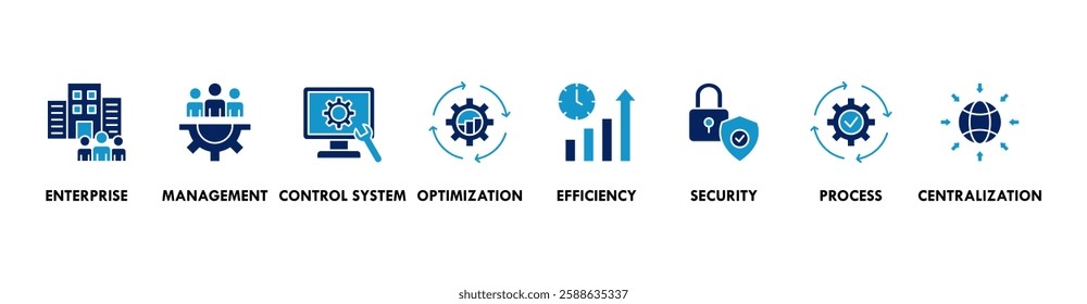 Industrial control system banner web icon vector illustration concept with icon of enterprise, management, control system, optimization, efficiency, security, process, centralization