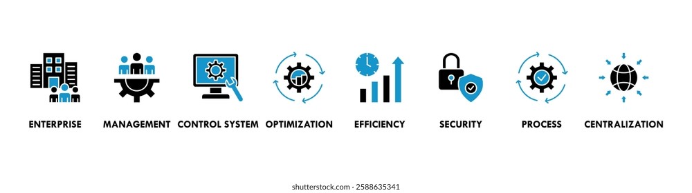 Industrial control system banner web icon vector illustration concept with icon of enterprise, management, control system, optimization, efficiency, security, process, centralization