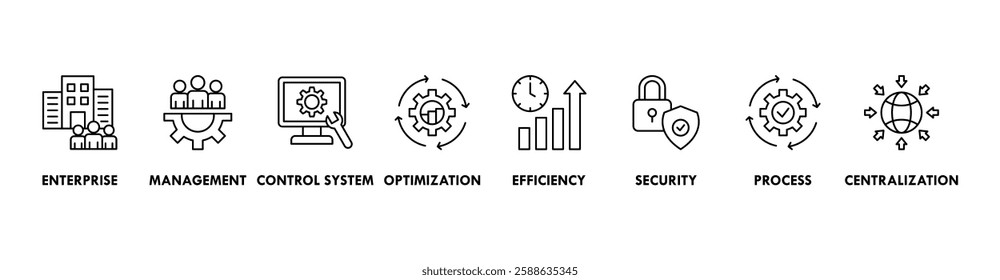 Industrial control system banner web icon vector illustration concept with icon of enterprise, management, control system, optimization, efficiency, security, process, centralization