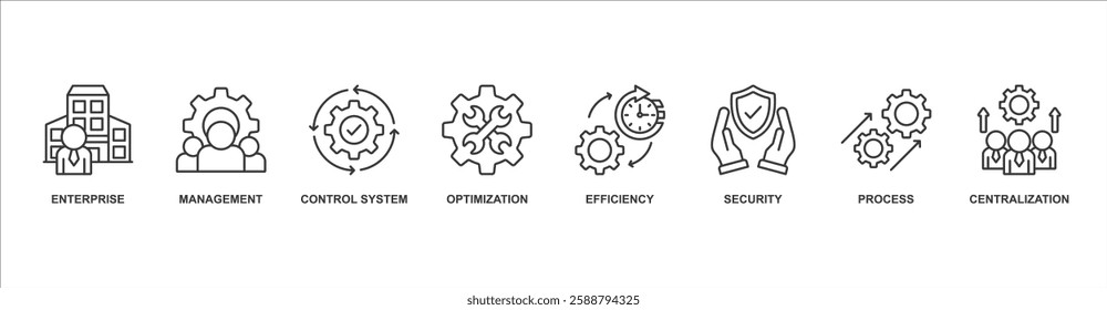 industrial control system banner web icon sheet vector illustration concept with icon of enterprise, management, control system, optimization, efficiency, security, process, centralization