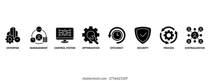 Sistema de controle industrial banner web icon vetor ilustração conceito com ícone de empresa, gerenciamento, sistema de controle, otimização, eficiência, segurança, processo, centralização