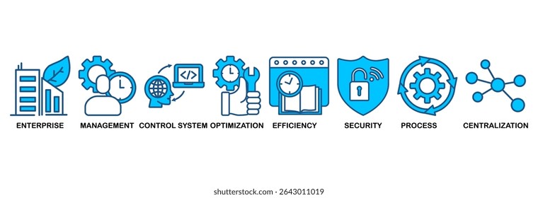 Sistema de controle industrial ícone conjunto vetor ilustração conceito com ícone de empresa, gestão, sistema de controle, otimização, eficiência, segurança, processo, centralização