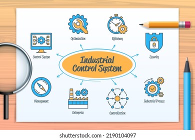 Industrial control system ICS chart with icons and keywords. Enterprise, management, control system, optimisation, efficiency, security, industrial process, centralisation icons. Web infographic
