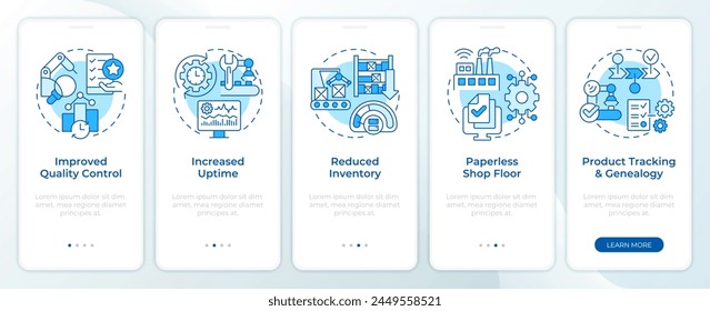 Industrial controla la pantalla azul del App móvil de incorporación. Tutorial 5 pasos: instrucciones gráficas editables con conceptos lineales. UI, UX, Plantilla GUI. Montserrat SemiBold, Fuentes regulares utilizadas