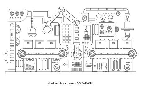 Industrial conveyor belt line outline vector illustration. Conveyor process abstract machine production. Strike line style.