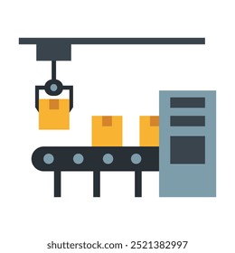 Correia transportadora industrial com três caixas de laranja e um braço mecânico, simbolizando a automação e a fabricação moderna. Ideal para tecnologia, produção e temas de eficiência