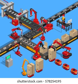 Industrieller Förderprozess zur Herstellung von technischen Geräten auf blauem Hintergrund. Vektorgrafik der modernen Gadget-Produktion, Verpacken in Kisten von Maschinen Robotern auf Förderband. Isometrische Fabrik