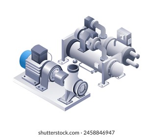 Industrial cooler water pump pipe tube infographic flat isometric 3d illustration