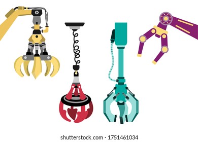 Industrial crane arm claw icon set. Robotic Claw on a white background. Grip robotic claw in factory. flat design cartoon concept. Vector, illustration of the claw game device.