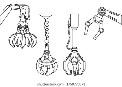 Industrial crane arm outline claw icon set. Robotic Claw. Grip robotic claw in factory. flat design cartoon concept. Vector, illustration of the claw game device. stoke, thin line