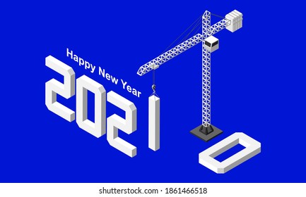 Industrial crane creates a 2021 sign. Happy New Year concept vector icon isolated on blue background.
