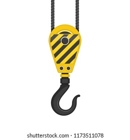 Industrial crane hook in flat style. Lifting Hook with rope isolated on white background. Carbine of the elevating crane. Build, Construction or industry concepts. Vector illustration EPS 10.