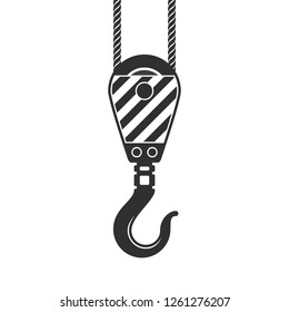 Industrial crane hook in flat style. Lifting Hook with rope isolated on white background. Carbine of the elevating crane. Build, Construction or industry concepts. Vector illustration EPS 10.