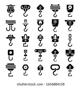 industrial crane hook and hoist icons set