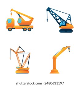 Industrial crane icons set cartoon vector. Different type of crane. Modern equipment