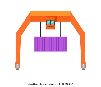 Industrial crane loading container. Cargo crane icon. Container terminal element. Large industrial crane for cargo container. Logistics and transportation of cargo. Isolated object on white background