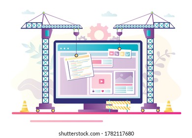 Industrial Cranes Builds Web Page. Concept Of Automatization, Website Builder And Development. Artificial Intelligence Create Site Design. New Internet Technology. Trendy Flat Vector Illustration