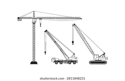 Industrial cranes for construction projects. Features heavy equipment line art including tower and mobile cranes.