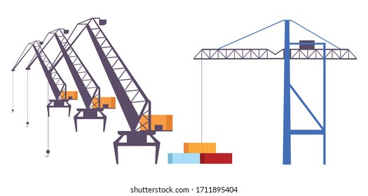 Industrial cranes flat color vector objects set. Heavy machinery, professional lifting equipment 2D isolated cartoon illustrations on white background. Building, construction industry technology