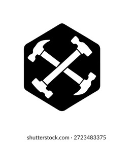 Logotipo de martillos cruzados de Industrial en forma de insignia hexagonal para el concepto de construcción y trabajo