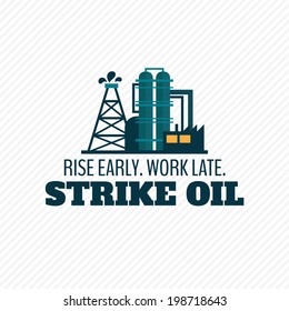 Industrial crude oil petroleum refinery complex plant chemical processing unit with extensive piping  slogan poster vector illustration