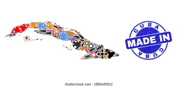 Mosaico industrial cubano cartográfico y sello de caucho en peligro. Collage de mapas cubanos formado por escaramuzas, engranajes, herramientas, componentes, coches, golpes de potencia, bichos.