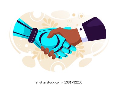 Industrial Cyber Physical Systems concept,Robot and human holding hand with handshake,Human and technology logo, Partnership with a robot