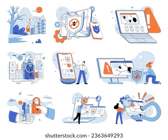 Ciberseguridad industrial. Ilustración vectorial. La tecnología de protección y seguridad es primordial en el sector industrial Las empresas dependen de medidas de seguridad sólidas para mitigar los ataques cibernéticos de riesgo