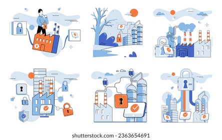 Industrial cyber security. Vector illustration. Reports provide valuable insights into state industrial cyber security The analysis risks helps develop effective security strategies in industry