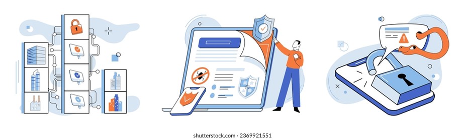 Industrial cyber security. Vector illustration. The industrial sector faces constant cyber threats require vigilant security measures Protection sensitive information is critical for safety businesses