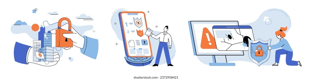 Industrial cyber security. Vector illustration. The internet connects businesses and facilitates global industrial operations Information is valuable asset requires protection from cyber threats