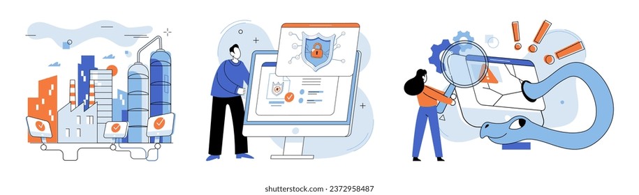 Industrial cyber security. Vector illustration. Software solutions provide essential tools for managing industrial cyber security Innovation drives technological advancements while introducing