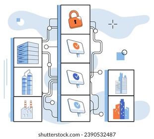 Industrial cyber security. Vector illustration. Software solutions provide essential tools for managing industrial cyber security Innovation drives technological advancements while introducing