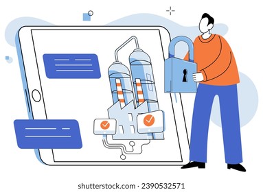 Ciberseguridad industrial. Ilustración vectorial. La innovación impulsa los avances tecnológicos al tiempo que introduce nuevos desafíos de seguridad. Los virus y el malware plantean riesgos significativos para la integridad