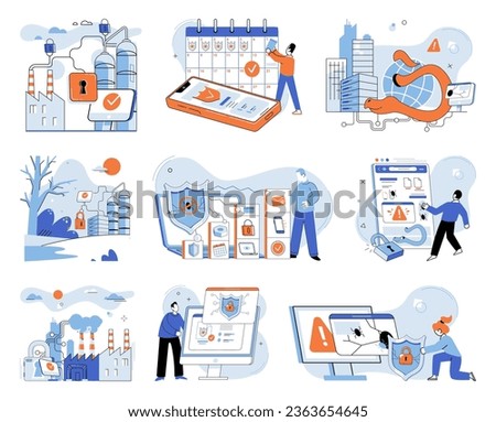 Industrial cyber security. Vector illustration. Networks play vital role in enabling efficient datexchange in industrial sector A robust framework is necessary to protect critical infrastructure