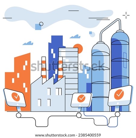Industrial cyber security. Vector illustration. Industrial cyber security is metaphorical firewall protects businesses from cyber attacks The protection and safety technology are paramount